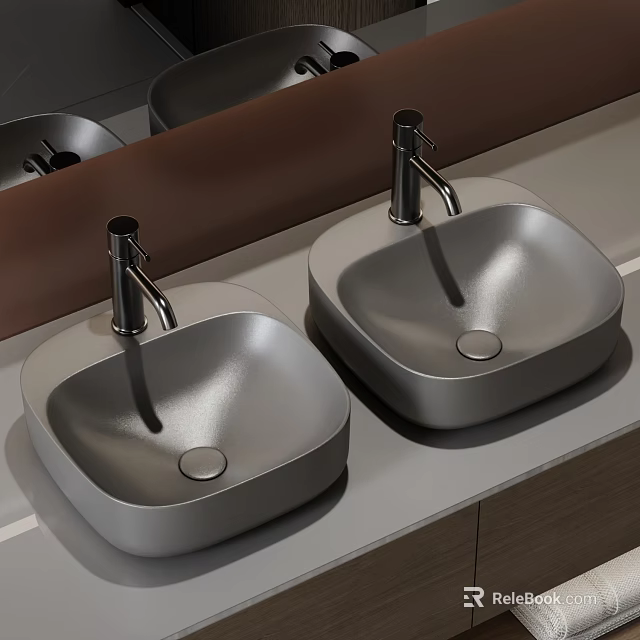 Modern Bathroom Countertop With Two Sleek Gray Washbasins And Faucets 3d model 