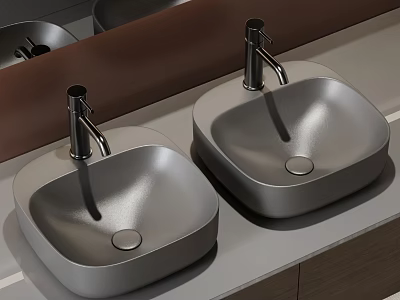Modern Bathroom Countertop With Two Sleek Gray Washbasins And Faucets 3d model