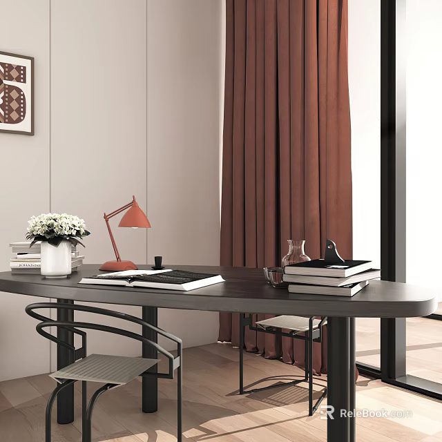 Modern Desk Setup With Red Table Lamp White Flower Vase Books And Brown Curtains 3d model 