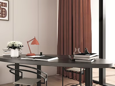 Modern Desk Setup With Red Table Lamp White Flower Vase Books And Brown Curtains 3d model