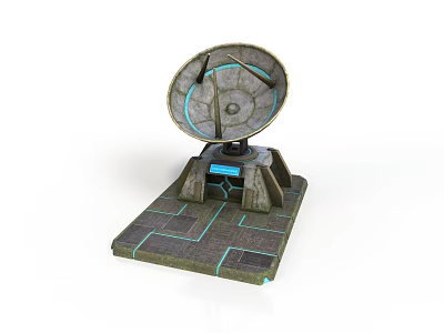Futuristic Satellite Dish Antenna Structure With Stone Base And Blue Glowing Lines 3d model