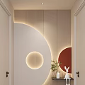 Modern Entryway Corridor With Circular Decor Illuminated Lighting Green Plant And Rabbit Figurine On Shelf