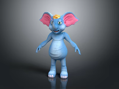 Blue Elephant with Pink Ears Golden Crown Standing Smiling on Gray Background with Reflection 3d model