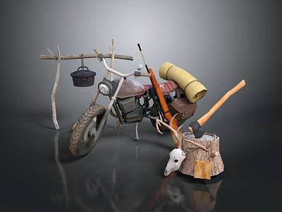 Adventure Motorcycle With Hanging Iron Pot Rolled Yellow Gear Axe Wooden Stump And Animal Skull 3d model