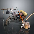 Adventure Motorcycle With Hanging Iron Pot Rolled Yellow Gear Axe Wooden Stump And Animal Skull