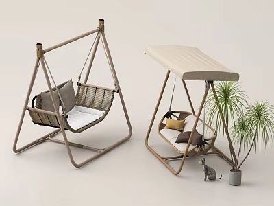 Outdoor Landscape Swing Seats With Wooden Frame Mesh Seat And Canopy Design For Garden Patio 3d model