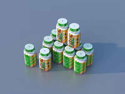 Stacked Household Product Bottles With Green Caps And Yellow Labels 3d model