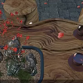 Two Ceramic Cups on Wooden Tray with Red Flowers Stones Moss and Petals
