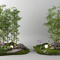 Decorative Plant Combinations With Bamboo Small Trees Purple Flowers Small Lights Stones And Green Moss