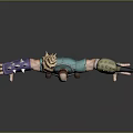 Warrior Character With Green Tunic Purple Pants Small Creature On Shoulder And Spiked Arm Weapon