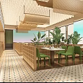 Modern Restaurant Interior With Wooden Lattice Counter Green Chairs Pendant Lights And Colorful Tiled Floor