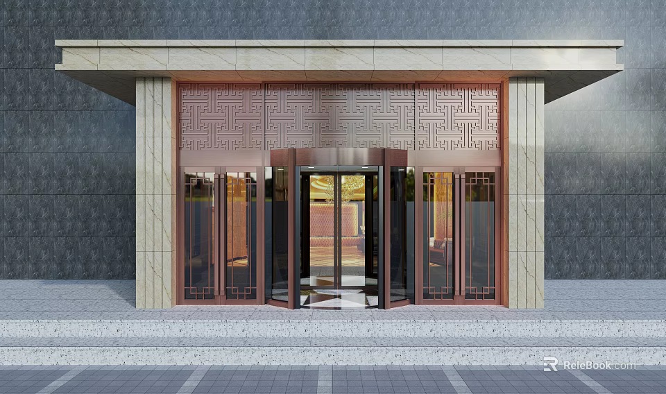 Elegant Copper Carved Entrance Door With Stone Pillars And Revolving Door In Modern Facade 3d model 