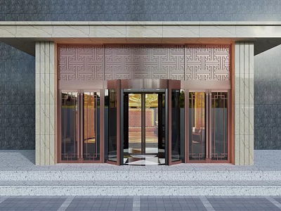 Elegant Copper Carved Entrance Door With Stone Pillars And Revolving Door In Modern Facade 3d model