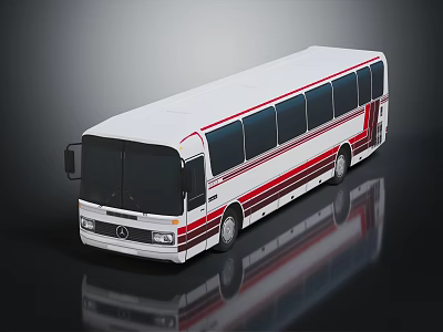 Modern White Coach Bus with Red Stripes and Large Side Windows 3d model