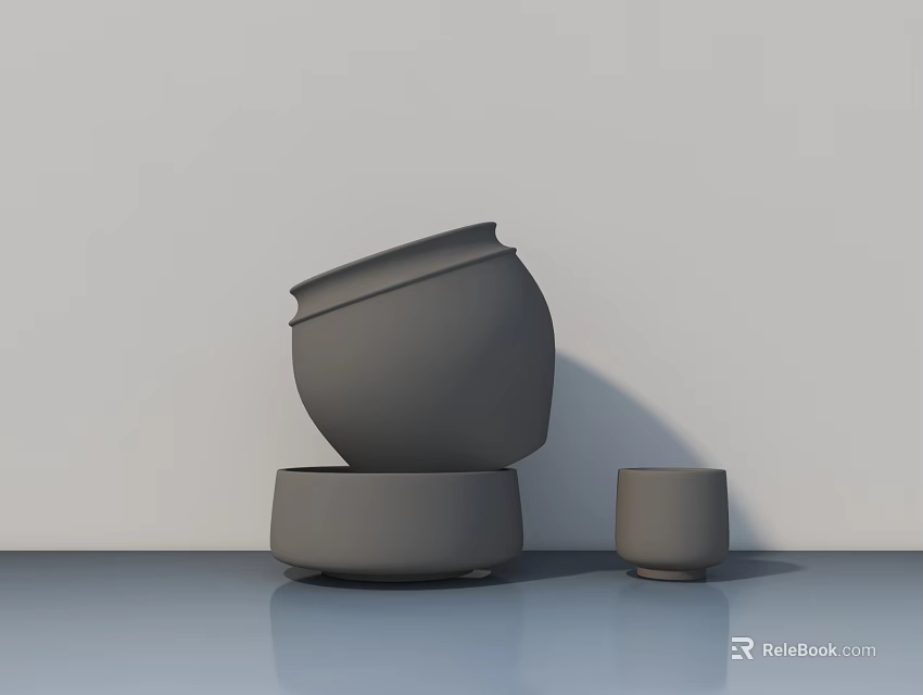 Stacked Matte Ceramic Vessels With Small Cups On Sleek Reflective Surface 3d model