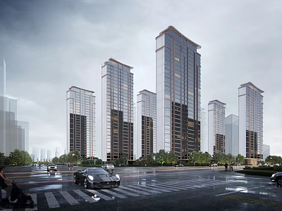Modern Urban High-rise Residential Buildings Exterior With Cars Trees And Overcast Sky 3d model