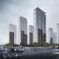 Modern Urban High-rise Residential Buildings Exterior With Cars Trees And Overcast Sky
