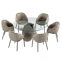 Modern Round Glass Top Dining Table Set With Light Gray Upholstered Chairs And Metal Legs
