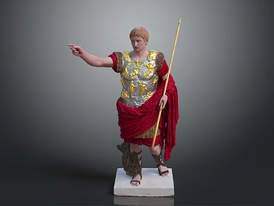Roman Warrior Statue With Gold Silver Armor Spear And Red Cloak On White Pedestal 3d model