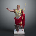 Roman Warrior Statue With Gold Silver Armor Spear And Red Cloak On White Pedestal
