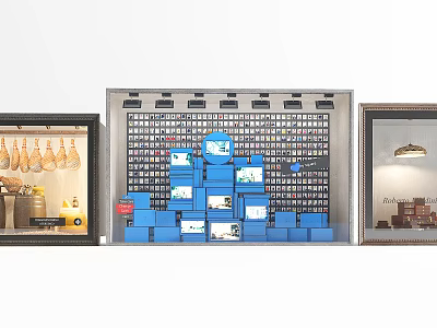 Three Window Displays Featuring Hanging Items Blue Structures Shelves Chandelier And Interior Scenes 3d model