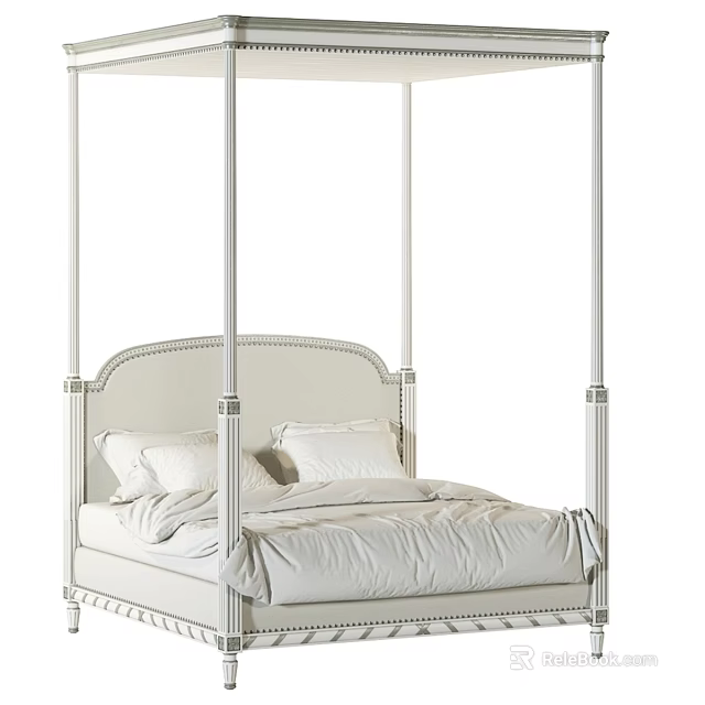 Elegant Four Poster Double Bed With Tufted Upholstered Headboard And White Bedding 3d model 