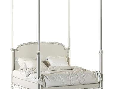 Elegant Four Poster Double Bed With Tufted Upholstered Headboard And White Bedding 3d model
