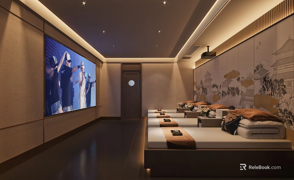 Modern SPA Sauna Room With Large Screen TV Relaxation Beds And Decorative Walls 3d model 