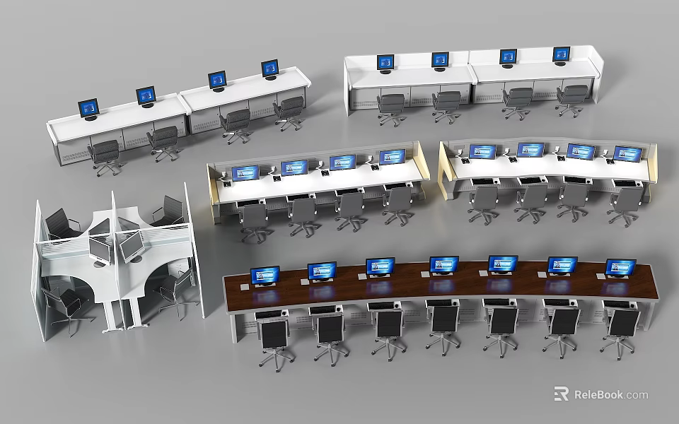 Various Styles Desk and Chair Sets With Computer Monitors On Each Desk 3d model 