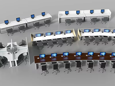 Various Styles Desk and Chair Sets With Computer Monitors On Each Desk 3d model