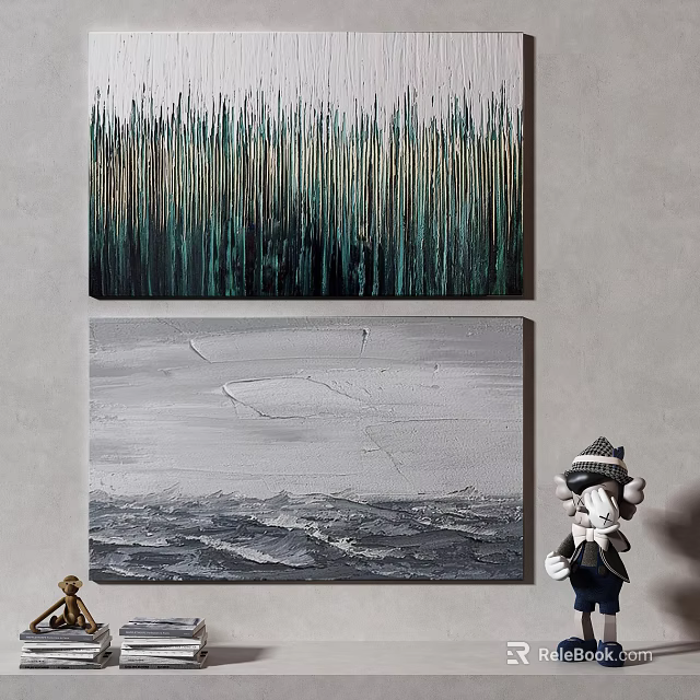 Abstract Paintings With Vertical Brushstrokes Green Brown Tones Gray Seascape And Decorative Doll Small Ornament 3d model 