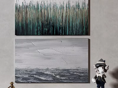 Abstract Paintings With Vertical Brushstrokes Green Brown Tones Gray Seascape And Decorative Doll Small Ornament 3d model