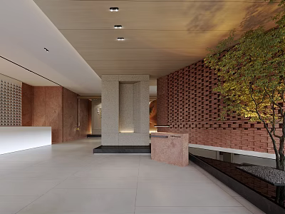 Modern Front Desk Reception Area With Brick Wall Indoor Plant Polished Floor And Recessed Lighting 3d model