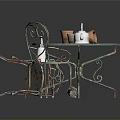 Outdoor Metal Round Table And Chair With Colorful Rustic Design Ceramic Pots Spray Bottle Teapot
