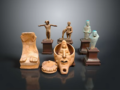 Artistic Carved Sculptures Including Standing Figures Masks And Animal Claws On Stands 3d model