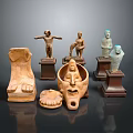 Artistic Carved Sculptures Including Standing Figures Masks And Animal Claws On Stands