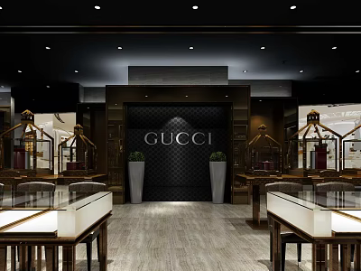 Gucci Boutique Interior With Luxury Display Cases And Brand Logo Lighting 3d model