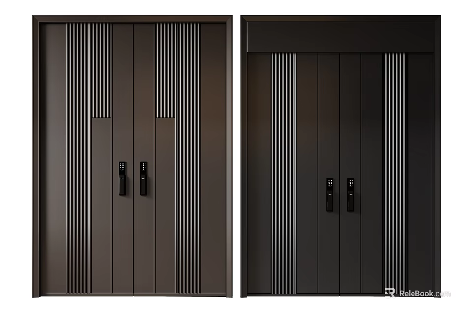 Modern Double Doors in Dark Brown and Black with Vertical Stripes and Handles 3d model 