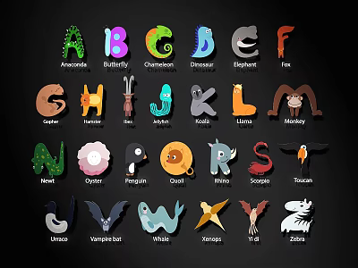 Fun Animal Alphabet Design Featuring Each Letter As Unique Cartoon Animals 3d model