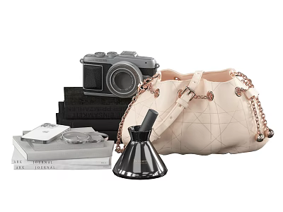 Stylish Beige Handbag With Chain Strap And Camera Books Perfume Bottle 3d model