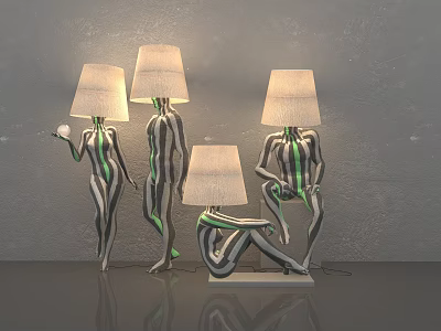 Modern Artistic Table Lamps With Human Figure Bases Black White Stripes And Green Accents 3d model