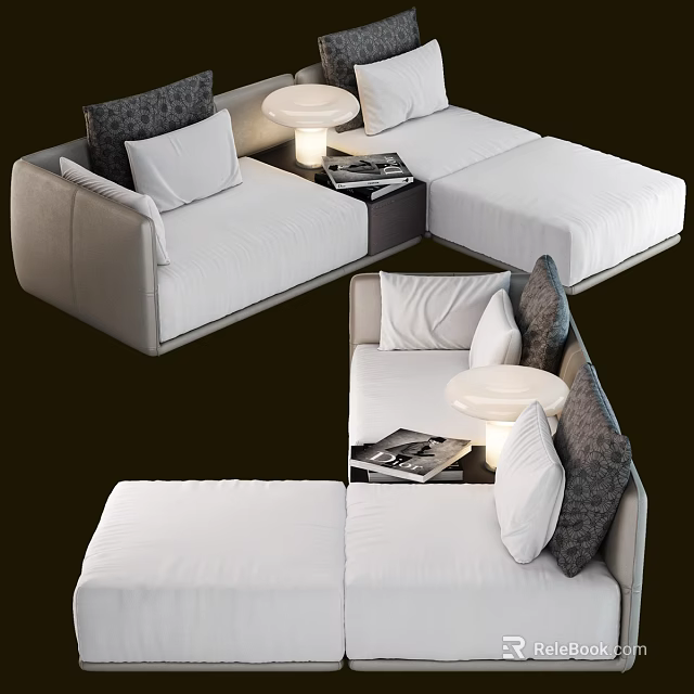 Modern White Sectional Sofa With Decorative Pillows Side Table Lamp And Magazines 3d model 