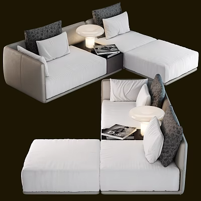 Modern White Sectional Sofa With Decorative Pillows Side Table Lamp And Magazines 3d model
