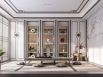 New Chinese Style Tea Room Zen Style Tea Room Dining Table and Chair Tea Table and Chair Chandelier Bookcase Partition Tea Set Decoration 3d model