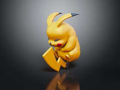 Yellow Pikachu Game And Movie Character Holding Lightning Bolt On Dark Background With Reflection 3d model