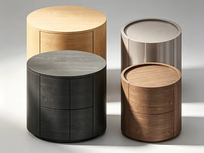 Multiple Round Wooden Bedside Tables In Various Tones And Drawer Features 3d model