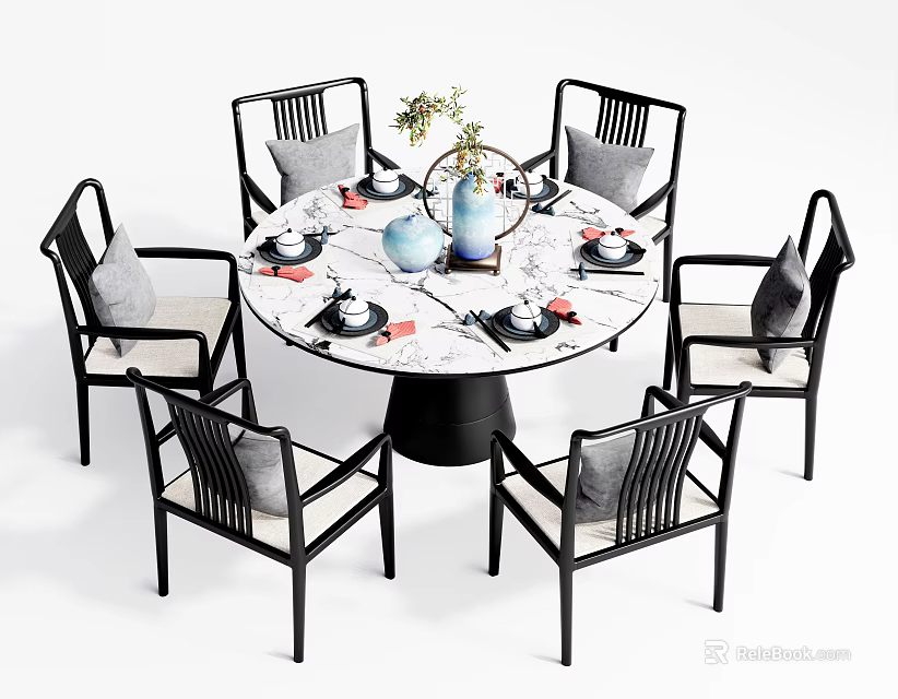 Round Dining Table Set with Marble Top Black Frame Chairs Tea Sets and Vase 3d model