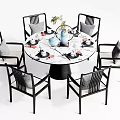 Round Dining Table Set with Marble Top Black Frame Chairs Tea Sets and Vase 3d model
