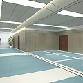 Modern Office Corridor With Long Layout Blue And White Carpet And Ceiling Light Strips