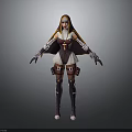 3D Female Character In Religious Hooded Outfit With Cross Emblem And Purple Armor Boots